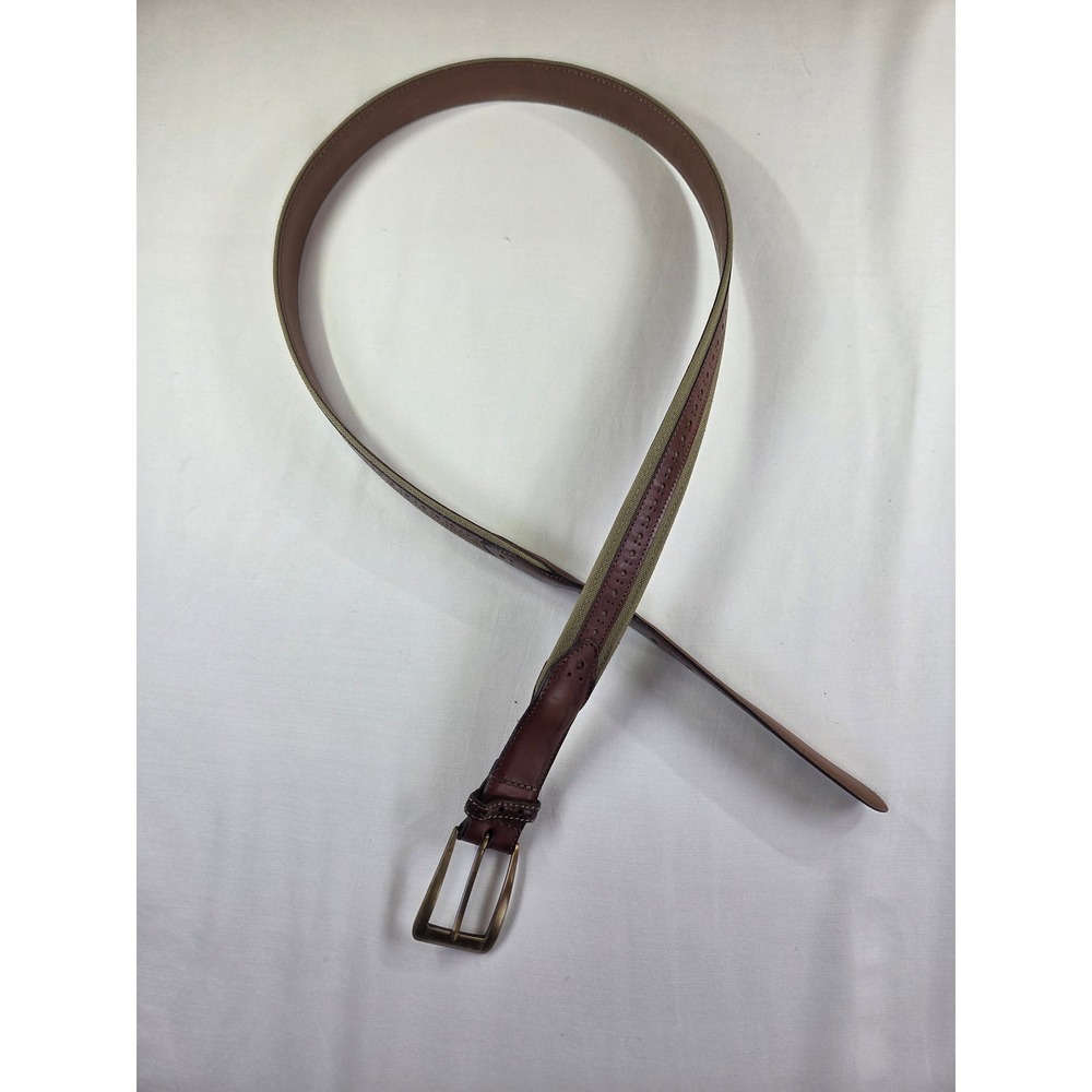 Johnston & Murphy Mens Canvas Leather Brass Buckle Belt 42 Brown Khaki Preppy